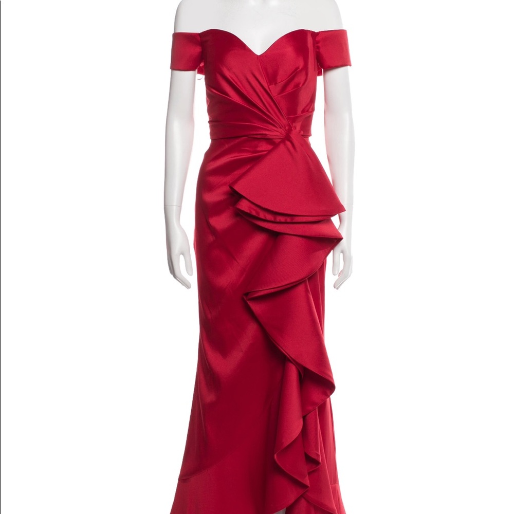 Badgley Mischka Red Off-Shoulder Ruffled Evening Gown